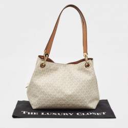 Pre Owned Michael Kors White/Brown Signature Coated Canvas and Leather Raven Shoulder Bag