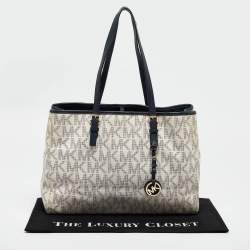 Michael Kors Navy Blue/White Signature Coated Canvas and Leather Jet Set Tote