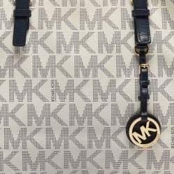 Michael Kors Navy Blue/White Signature Coated Canvas and Leather Jet Set Tote