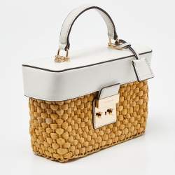 Pre Owned Michael Kors White/Beige Woven Raffia and Leather Gabriella Top Handle Bag