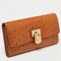 Pre Owned Michael Kors Tan Ostrich Embossed Leather Flap Continental Wallet