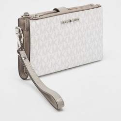 Pre Owned Michael Kors Grey/White Signature Coated Canvas and Leather Adele Wristlet Wallet