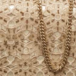 Michael Kors Beige Leather Beaded Gusset Jade Chain Clutch
