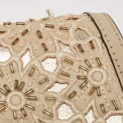 Michael Kors Beige Leather Beaded Gusset Jade Chain Clutch