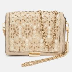 Michael Kors Beige Leather Beaded Gusset Jade Chain Clutch