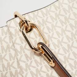 Pre Owned Michael Kors White/Brown Signature Coated Canvas and Leather Trisha Tote