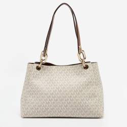 Pre Owned Michael Kors White/Brown Signature Coated Canvas and Leather Trisha Tote