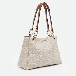 Pre Owned Michael Kors White/Brown Signature Coated Canvas and Leather Trisha Tote