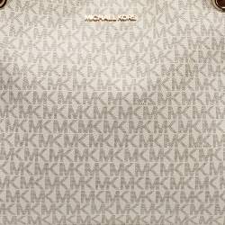 Pre Owned Michael Kors White/Brown Signature Coated Canvas and Leather Trisha Tote