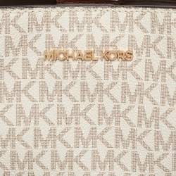 Pre Owned Michael Kors White/Brown Signature Coated Canvas and Leather Trisha Tote