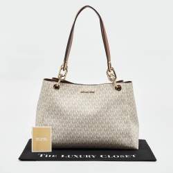 Pre Owned Michael Kors White/Brown Signature Coated Canvas and Leather Trisha Tote