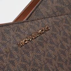 Pre Owned Michael Kors Dark Brown Signature Coated Canvas Large Jet Set Travel Tote