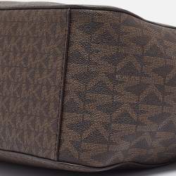 Pre Owned Michael Kors Dark Brown Signature Coated Canvas Large Jet Set Travel Tote