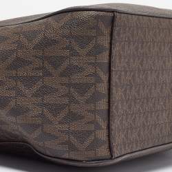 Pre Owned Michael Kors Dark Brown Signature Coated Canvas Large Jet Set Travel Tote