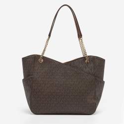 Pre Owned Michael Kors Dark Brown Signature Coated Canvas Large Jet Set Travel Tote