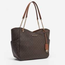 Pre Owned Michael Kors Dark Brown Signature Coated Canvas Large Jet Set Travel Tote