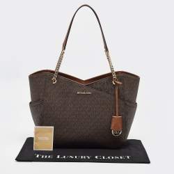 Pre Owned Michael Kors Dark Brown Signature Coated Canvas Large Jet Set Travel Tote