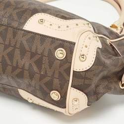 Pre Owned Michael Kors Brown/Beige Monogram Coated Canvas and Leather Drawstring Bag