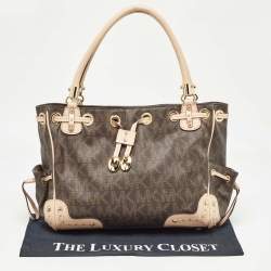 Pre Owned Michael Kors Brown/Beige Monogram Coated Canvas and Leather Drawstring Bag