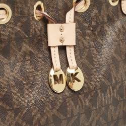 Pre Owned Michael Kors Brown/Beige Monogram Coated Canvas and Leather Drawstring Bag