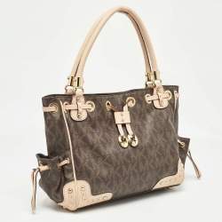 Pre Owned Michael Kors Brown/Beige Monogram Coated Canvas and Leather Drawstring Bag