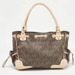 Pre Owned Michael Kors Brown/Beige Monogram Coated Canvas and Leather Drawstring Bag