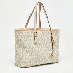 Michael Kors Beige/White Signature Coated Canvas and Leather Jet Set Tote