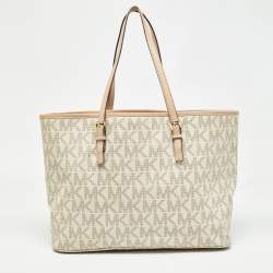 Michael Kors Beige/White Signature Coated Canvas and Leather Jet Set Tote