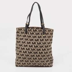 Michael Kors Black/Beige Signature Canvas and Leather Jet Set Tote