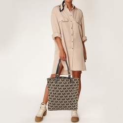 Michael Kors Black/Beige Signature Canvas and Leather Jet Set Tote