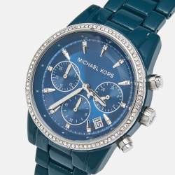 Pre Owned Michael Kors Blue Teal Coated Stainless Steel Ritz MK6722 Women's Wristwatch 37 mm