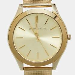 Pre Owned Michael Kors Champagne Gold Plated Stainless Steel Slim Runway MK3282 Women's Wristwatch 42 mm