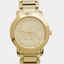 Pre Owned Michael Kors Champagne Gold Plated Stainless Steel Runway MK5432 Women's Wristwatch 38 mm