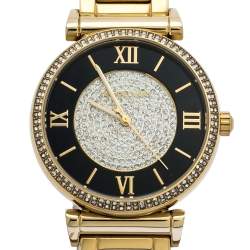 Pre Owned Michael Kors Black/Crystal Pave Gold Tone Stainless Steel Catlin MK3338 Women's Wristwatch 38 mm