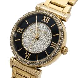 Pre Owned Michael Kors Black/Crystal Pave Gold Tone Stainless Steel Catlin MK3338 Women's Wristwatch 38 mm