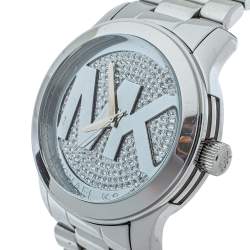 Pre Owned Michael Kors Silver Crystal Pave Stainless Steel Runway MK5544 Women's Wristwatch 45 mm