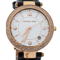 Pre Owned  Michael Kors White Rose Gold Tone Stainless Steel Leather Mini Parker MK2462 Women's Wristwatch 33 mm