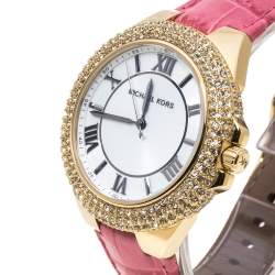 Pre Owned Michael Kors Opaline White Gold Tone Stainless Steel Leather Slim Camille MK2329 Women's Wristwatch 41 mm