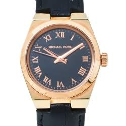 Pre Owned Michael Kors Black Rose Gold Tone Stainless Steel Leather Channing MK2358 Women's Wristwatch 33 mm