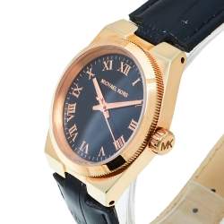 Pre Owned Michael Kors Black Rose Gold Tone Stainless Steel Leather Channing MK2358 Women's Wristwatch 33 mm