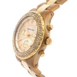 Pre Owned Michael Kors Gold Tone Stainless Steel Horn Acetate Madison MK5417 Women's Wristwatch 42 mm
