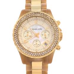 Pre Owned Michael Kors Gold Tone Stainless Steel Horn Acetate Madison MK5417 Women's Wristwatch 42 mm