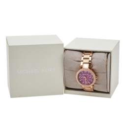 Pre Owned Michael Kors Plum Mother Of Pearl Rose Gold Tone Stainless Steel Mini Parker MK6403 Women's Wristwatch 33 mm