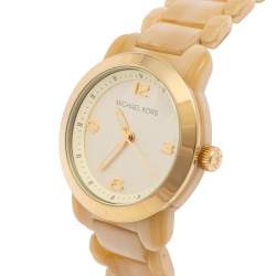 مملوكة مسبقًا Michael Kors Gold Tone Stainless Steel Horn Acetate MK4204 Women's Wristwatch 34 mm