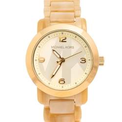 مملوكة مسبقًا Michael Kors Gold Tone Stainless Steel Horn Acetate MK4204 Women's Wristwatch 34 mm