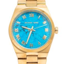 Pre Owned Michael Kors Turquoise Gold Plated Stainless Steel Channing MK5894 Women's Wristwatch 38 mm