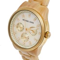 Pre Owned Michael Kors Mother Of Pearl Gold Tone Stainless Steel Horn Resin Jet Set MK5039 Women's Wristwatch 37 mm