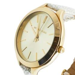 Pre Owned Michael Kors Champagne Gold Plated Stainless Steel Leather Slim Runway  MK-2477 Women's Wristwatch 42 mm