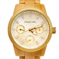 Pre Owned Michael Kors Mother of Pearl Gold Plated Stainless Steel Horn Acetate Mk5400 Women's Wristwatch 33 mm