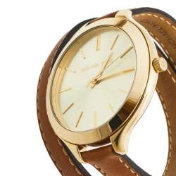 مملوكة مسبقًا Michael Kors Champagne Gold Plated Stainless Steel Leather Runway MK2256 Women's Wristwatch 42 mm